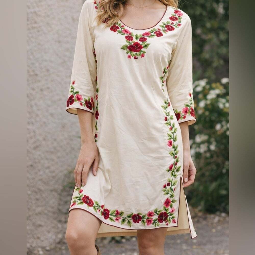 Handmade Embroidered Floral Dress Boho Cottagecore Rose Tunic Kurti